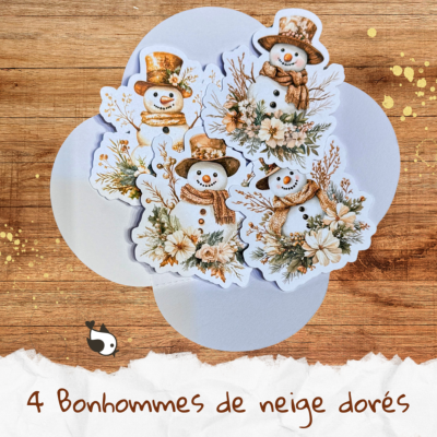 4 illustrations Noël - Bonhommes de neige dorés